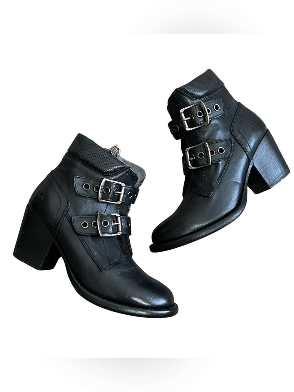 Mark Nason Yuma Somora Leather Double Buckle Moto Heeled Ankle Bootie Boots Sz 6